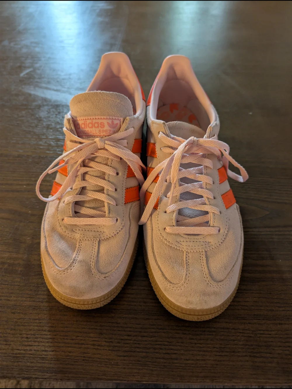 adidas Suede Sneakers in Light Pink with Orange Stripes - Picture 1 of 6